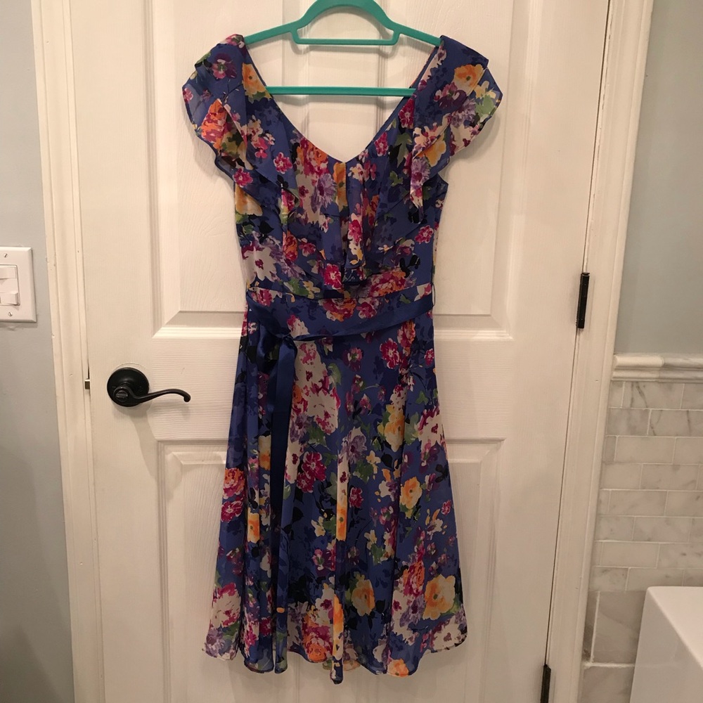 Double Ruffled Neckline Fit n’ Flare Floral Dress